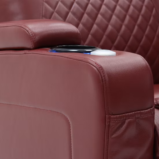 정품 가죽 시네마 시트, 전동식 리클라이닝 소파, 컵 홀더와 테이블이 포함된 고급 홈 시네마 의자