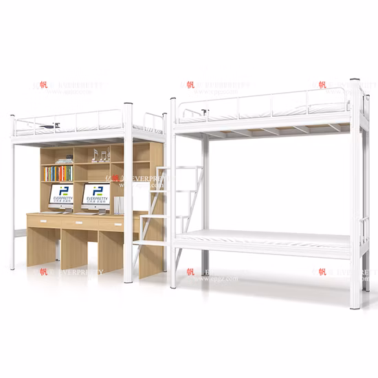 학교 및 직장 아파트, 기숙사, 싱글 침대, 더블 침대, 트리플 침대, 킹 사이즈 침대, 퀸 사이즈 침대, 철, 강철, 목재, 금속 프레임, 성인용 이층 침대, 책상과 수납 공간이 있는 이층 침대